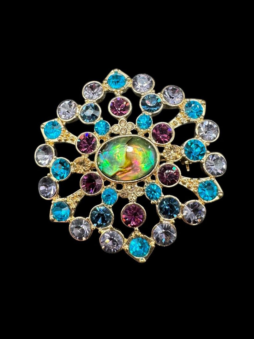 Brooch Gold Tone Multicolour Blues & Purple Stones Round Abalone Centre